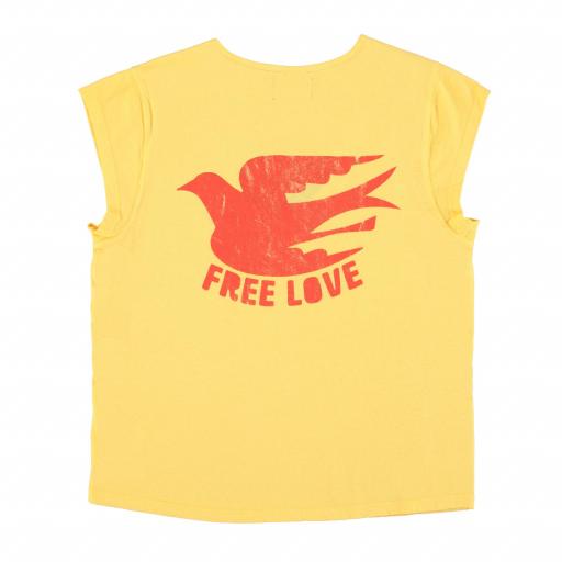 Sisters Department,Short sleeve t-shirt w/ deep round neck | Yellow w/ "free love" print