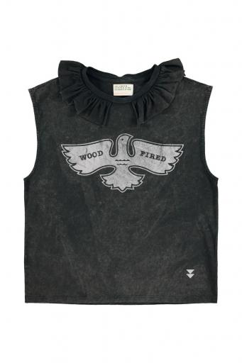 Sisters Department,Sleeveless t-shirt w/ peter pan collar | Faded black  w/ "eagle" print