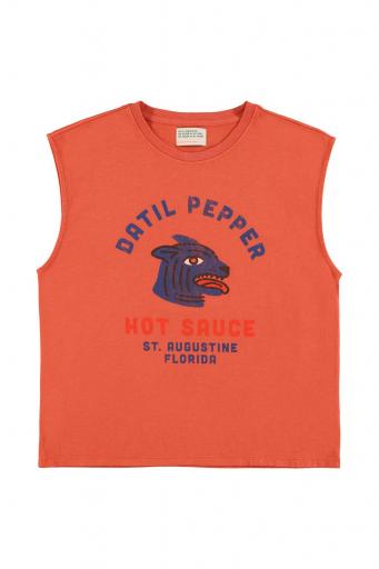 Sisters Department,Sleeveless t-shirt w/ round neck | Terracotta w/ "datil pepper" print