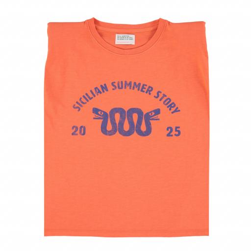 Sisters Department,Sleeveless t-shirt w/ shoulder pads | Orange  w/ "sicilian summer story" print