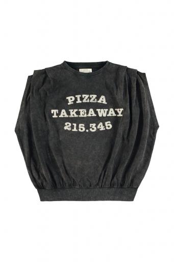 Sisters Department,Sleeveless fitted top | Faded black w/ "pizza takeaway" print