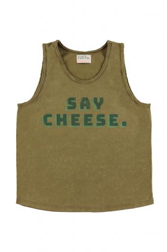 Sisters Department,Sleeveless round neck top | Khaki w/ "say cheese" print