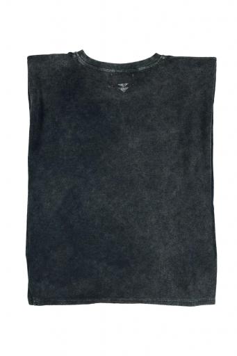 Sisters Department,Sleeveless t-shirt w/ shoulder pads | Faded black  w/ "cheesy saucy crispy" print [1]