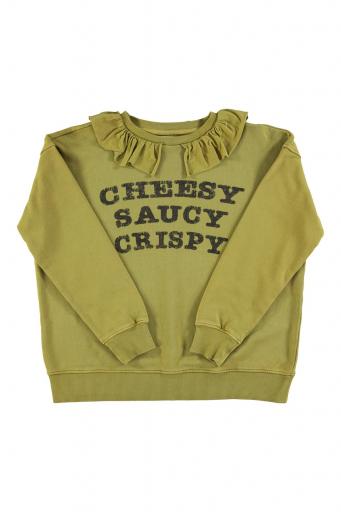 Sisters Department,Sweatshirt w/ peter pan collar | Army green w/ "cheesy saucy crispy" print