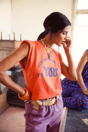 Sisters Department,Sleeveless t-shirt w/ shoulder pads | Orange  w/ "sicilian summer story" print [3]