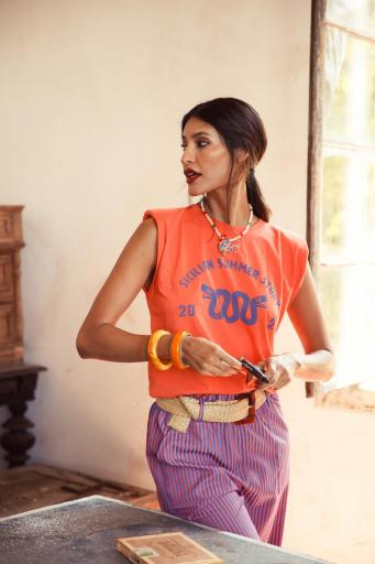 Sisters Department,Sleeveless t-shirt w/ shoulder pads | Orange  w/ "sicilian summer story" print [1]