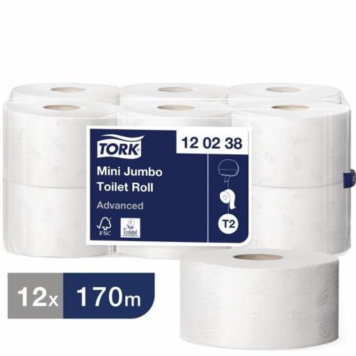 Fardo de 12 rollos de papel higiénico industrial Mini Jumbo Tork 170m. doble capa CL126