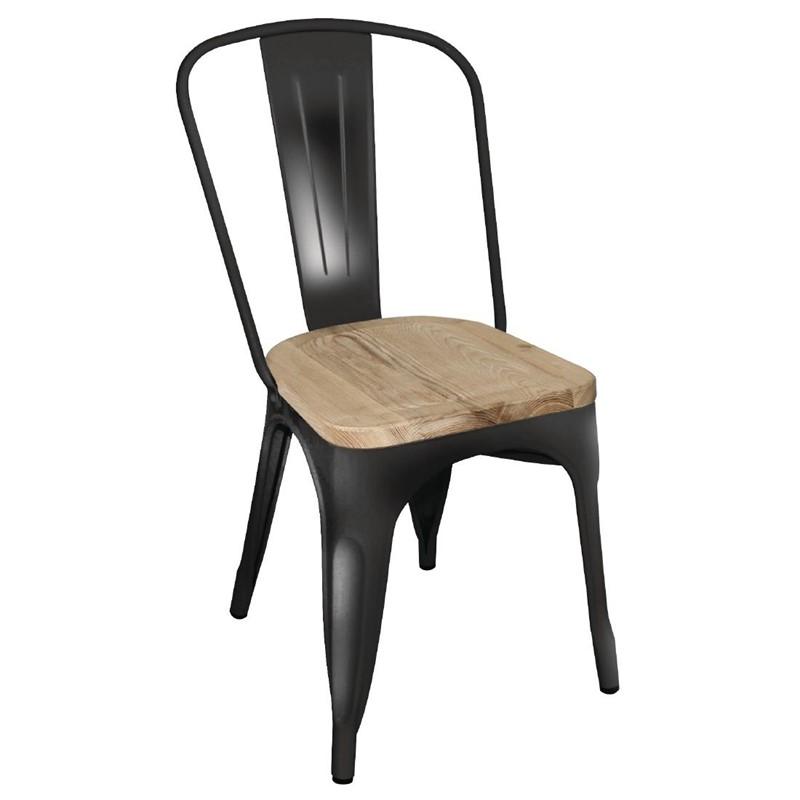 Juego de 4 sillas de acero negro con asiento de madera de fresno Bolero Bistro GG707