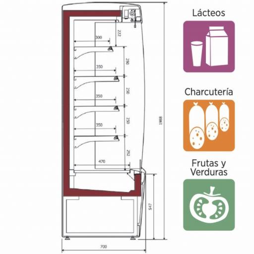Mural expositor refrigerado para alimentación de 70,5cm y 4 estantes Línea Aveiro MPL070 Rojo [1]