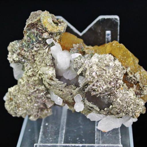 Pirita sobre fluorita y calcitas de Mina Santo Firme, Villabona, Llanera, Asturias, España. Medidas 7x5cm. [0]