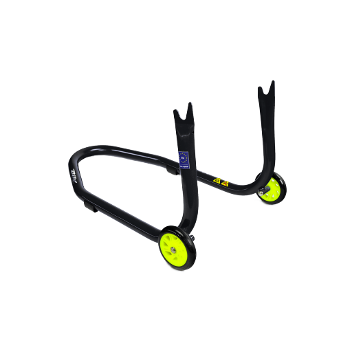 Caballete trasero Bihr con soportes en V para diábolos. Color negro y ruedas amarillas.