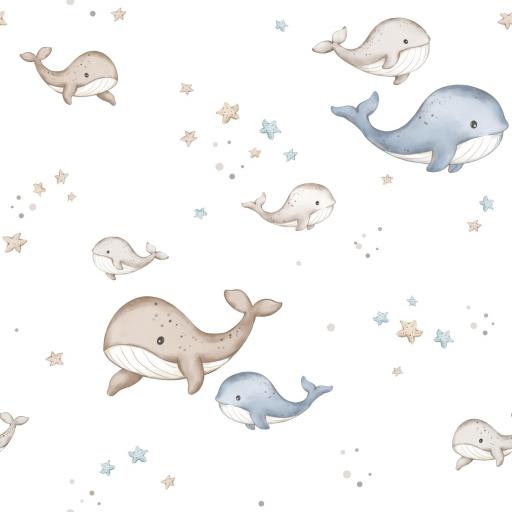 BALLENAS AZULES SOBRE BLANCO  ( en 10 tejidos distintos ) 