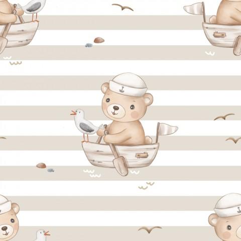 OSO EN BARCO RAYAS BEIG osito 5 cm aprox ( EN 10 TEJIDOS DISTINTOS )