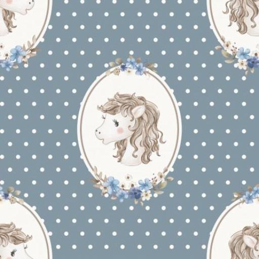 CABALLOS EN MARCO AZUL Y TOPOS BLANCOS ( en 10 tejidos distintos )