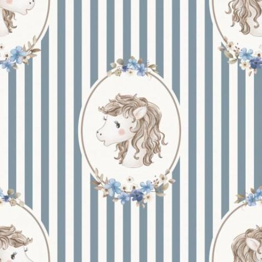 CABALLOS EN MARCO RAYAS AZUL Y BLANCAS ( en 10 tejidos distintos )