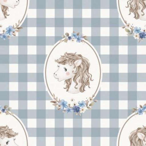CABALLOS EN MARCO VICHY AZUL ( en 10 tejidos distintos )