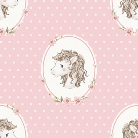 CABALLOS EN MARCO ROSA TOPOS BLANCOS ( en 10 tejidos distintos )