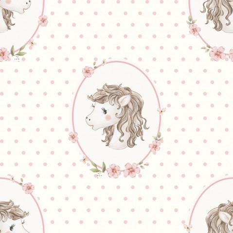 CABALLOS EN MARCO BLANCO TOPOS ROSA ( en 10 tejidos distintos )