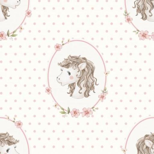 CABALLOS EN MARCO BLANCO TOPOS ROSA      (  en 10 tejidos distintos ) 