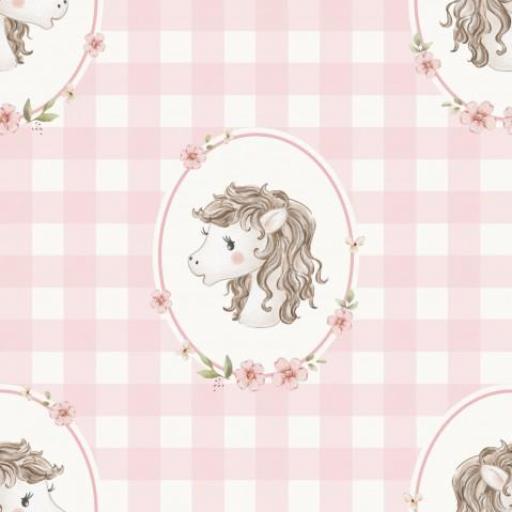 CABALLOS EN MARCO VICHY ROSA       (  en 10 tejidos distintos ) 