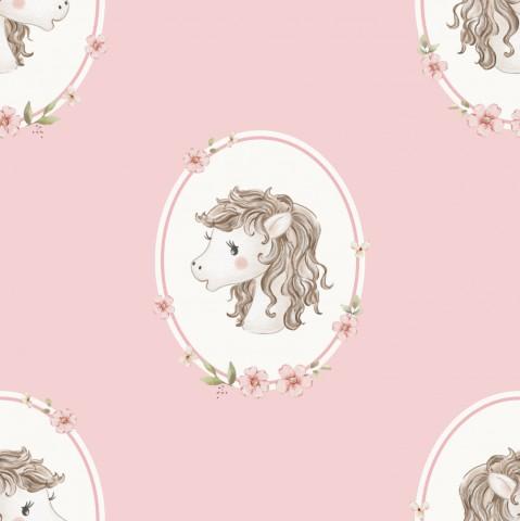 CABALLOS EN MARCO LISO ROSA ( en 10 tejidos distintos )