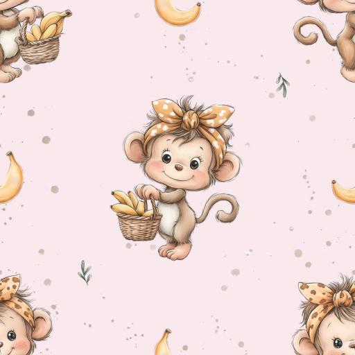 MONITOS CON CESTA DE PLÁTANOS ROSA   ( EN 10 TEJIDOS DISTINTOS )