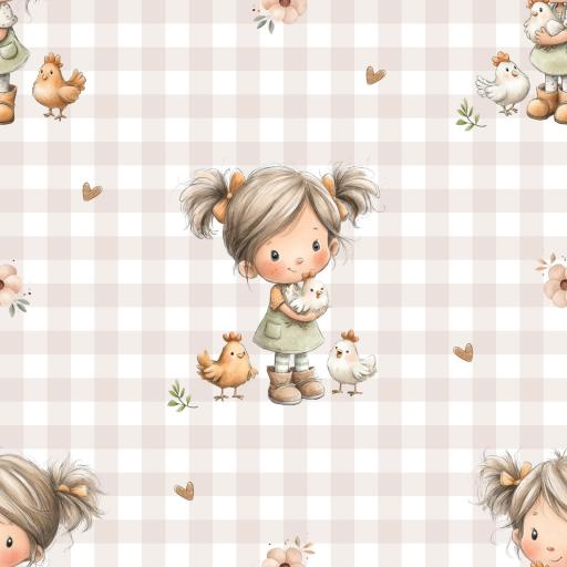 NIÑA CON GALLINAS VICHY BEIG  ( EN 10 TEJIDOS DISTINTOS )