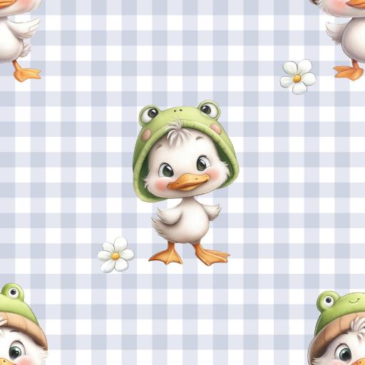 PATITO CON GORRO DE RANA VICHY CELESTE    ( EN 10 TEJIDOS DISTINTOS )