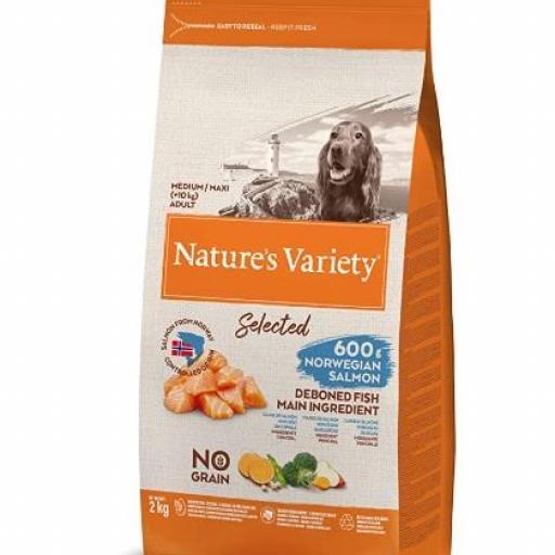  Adult Nature's Variety Selected, Pienso para Perros Adultos Medianos y grandes, Sin cereales, con Salmón noruego sin espinas, 2kg