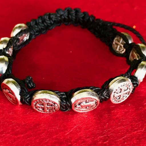 PULSERA CORDÓN NEGRO MEDALLAS SAN BENITO PULSERA BENDECIDA  [1]