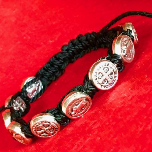 PULSERA CORDÓN NEGRO MEDALLAS SAN BENITO PULSERA BENDECIDA  [0]