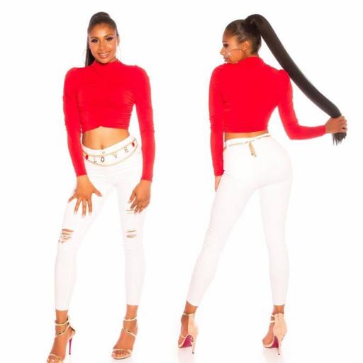 Crop top de mangas y pliegues rojo