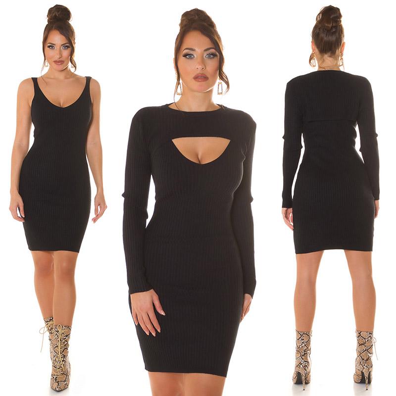 Vestido de punto ajustado efecto 2 en 1 negro mujer