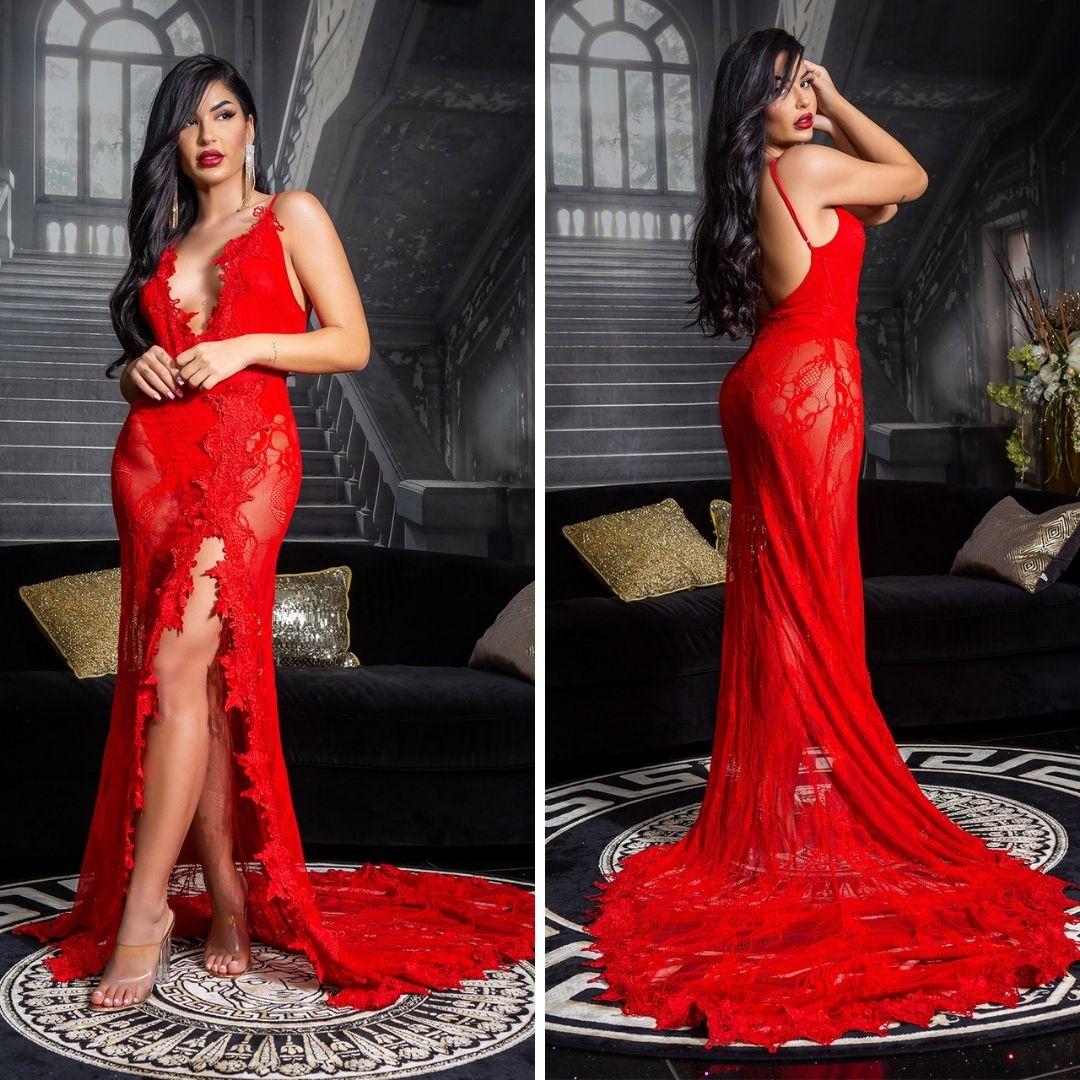 plan de ventas Factura luto Comprar Vestido largo transparente seductor rojo Vestidos largos fiesta