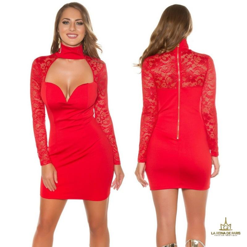 Comprar Vestido rojo de manga larga con encaje Vestidos ajustados cortos