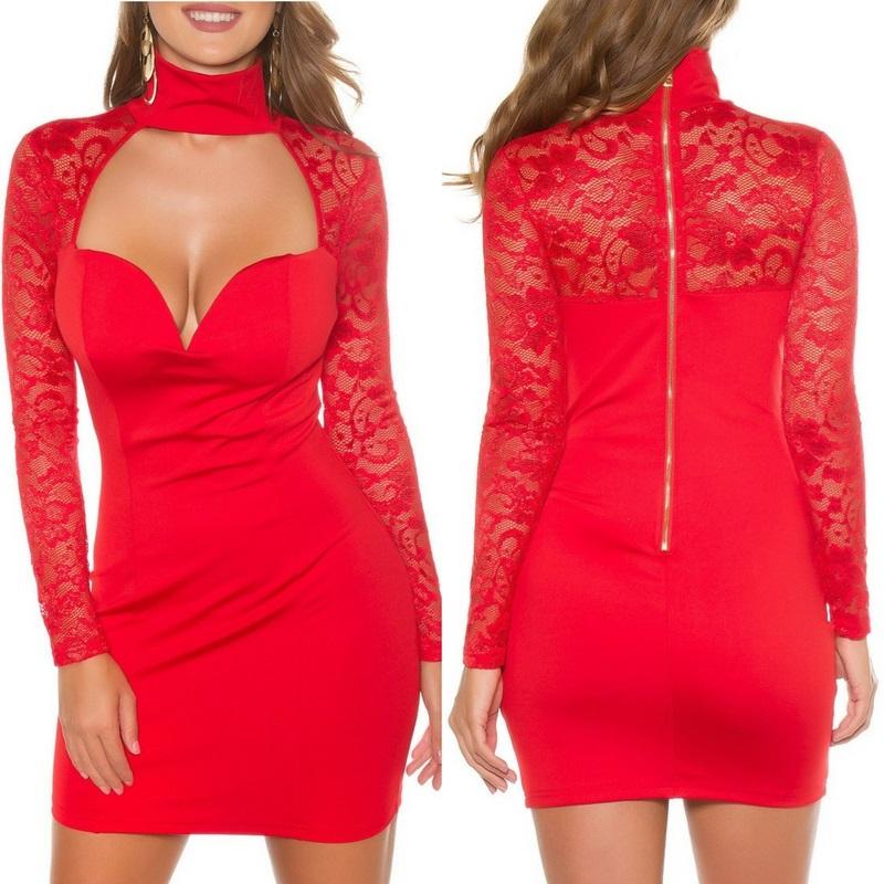 Comprar Vestido rojo de manga larga con encaje ajustados cortos