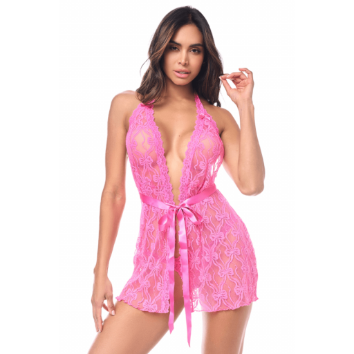 Babydoll rosa de encaje escote profundo [0]