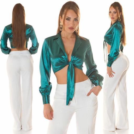 Blusa satinada verde para atar [0]