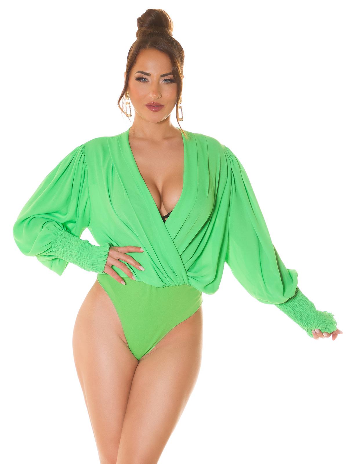 Body tipo tanga para mujer, cuello alto, manga larga, con inserción de  malla, elegante blusa (color verde, talla: L)