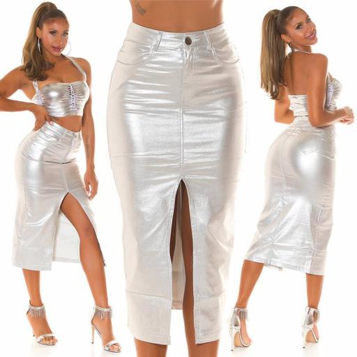 Falda midi metalizado cintura alta plata