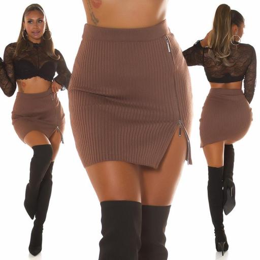 Minifalda de punto acanalado marrón
