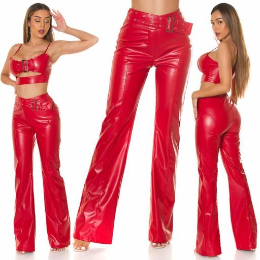 Pantalón rojo de polipiel cintura alta [0]