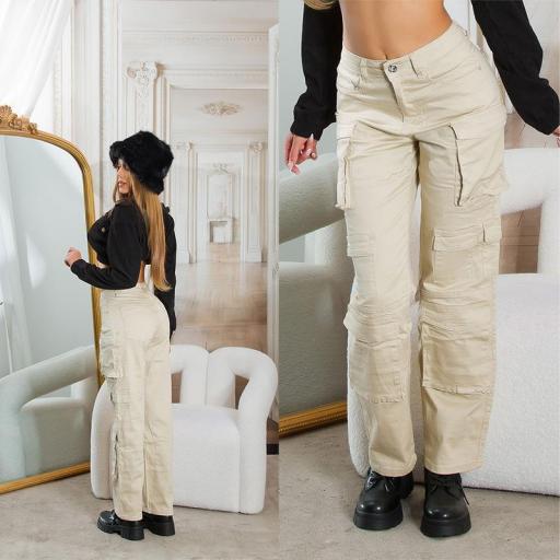 Pantalones cargo de cintura alta beige [15]