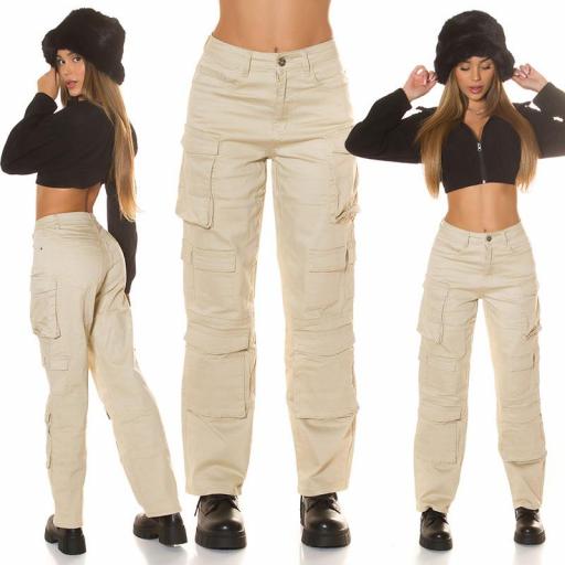 Pantalones cargo de cintura alta beige