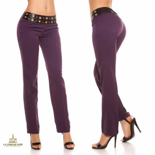  Pantalones rectos púrpura con cuero  [2]