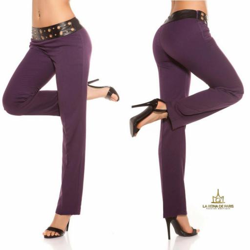  Pantalones rectos púrpura con cuero  [3]