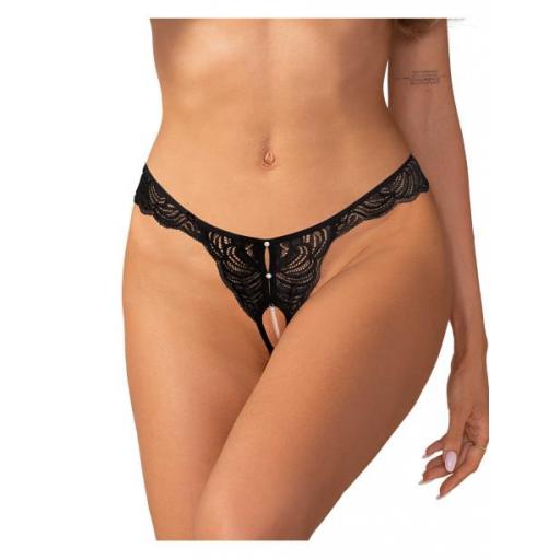 Tanga Abierta Negra de Encaje con Perlas