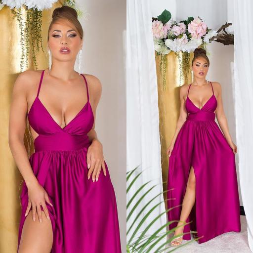 Vestido escotado con abertura sexy rosa [7]