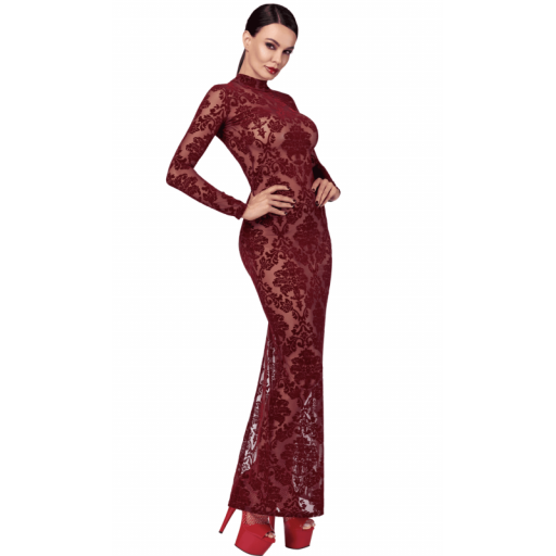 Vestido Largo de Tul Flocado Burdeos [0]