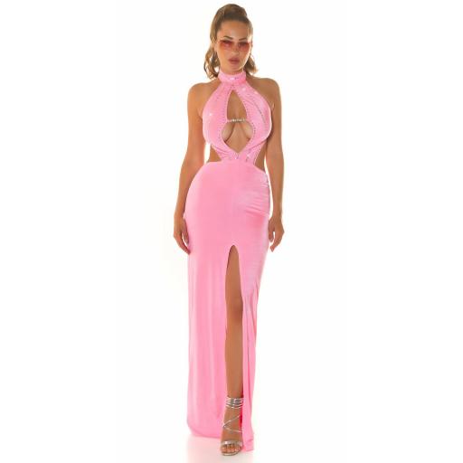 Vestido largo halter rosa con aberturas [3]